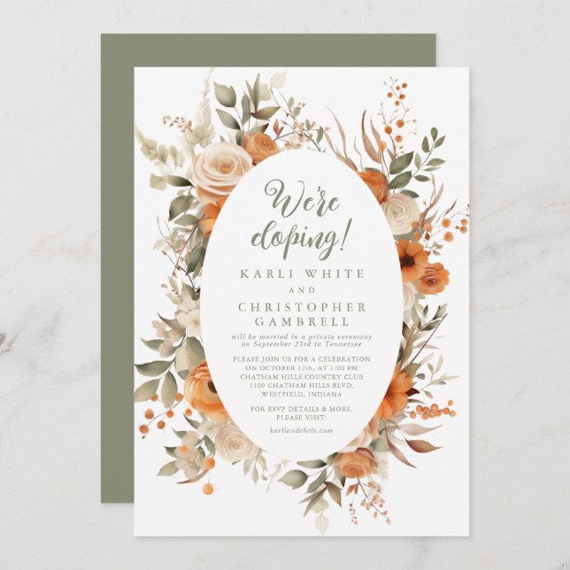 Elegant Autumn Floral Orange Sage Elopement Party Invitation (Front/Back)
