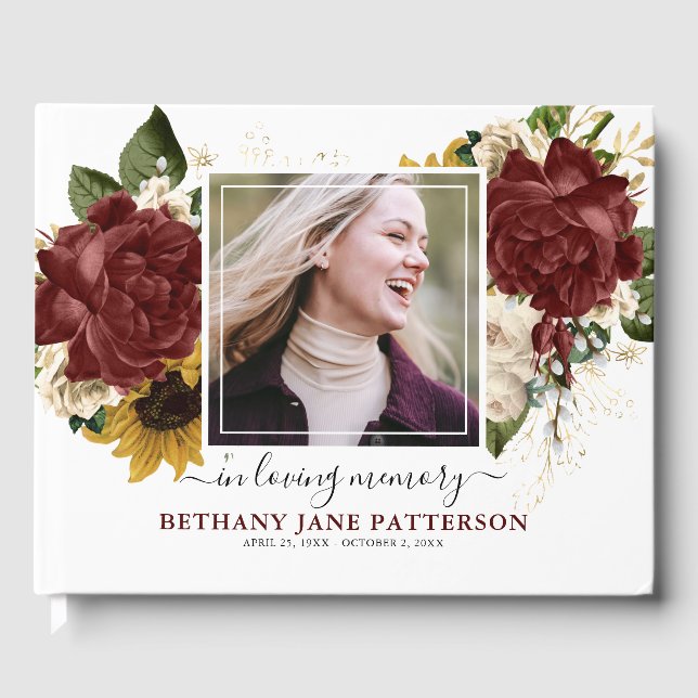 Elegant Autumn Floral Photo Memorial Keepsake Guest Book (Front)