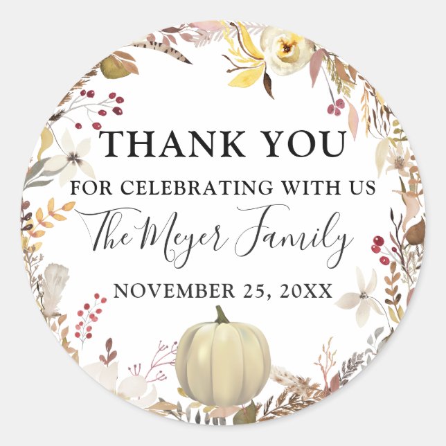 Elegant Autumn Floral Pumpkin Fall Thank You Classic Round Sticker (Front)