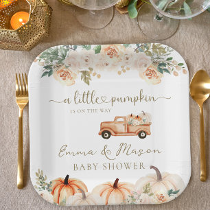 Elegant Autumn Floral Pumpkin Truck Baby Shower Paper Plate