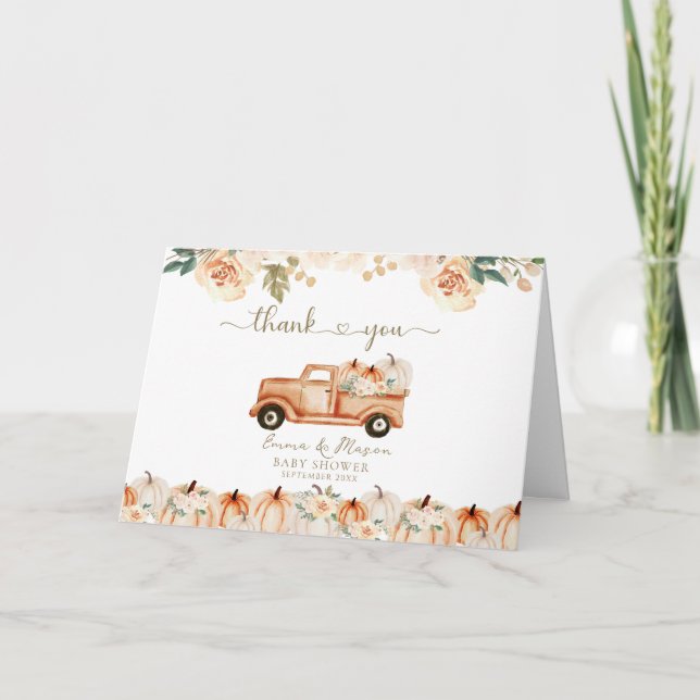 Elegant Autumn Floral Pumpkin Truck Baby Shower Thank You Card (Front)