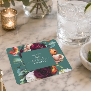 Elegant Autumn Floral Teal 60th Birthday Party Square Paper Coaster