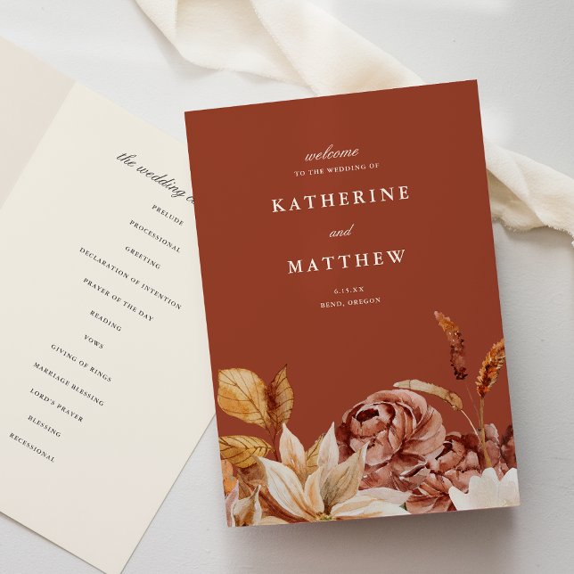 Elegant Autumn Floral Terracotta Wedding Ceremony  Programme (Creator Uploaded)