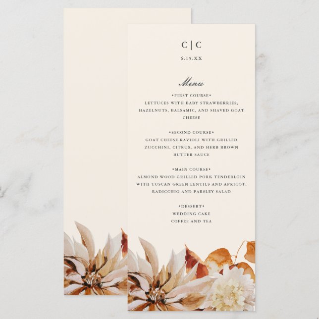 Elegant Autumn Floral Watercolor Wedding Menu Card (Front/Back)