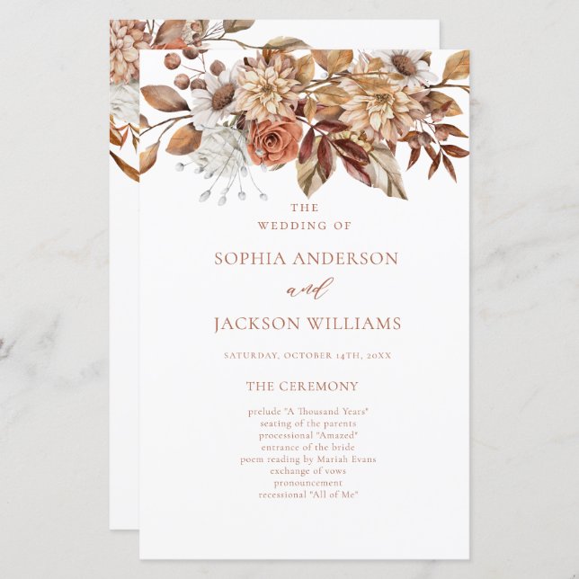 Elegant Autumn Floral Wedding Program  (Front/Back)