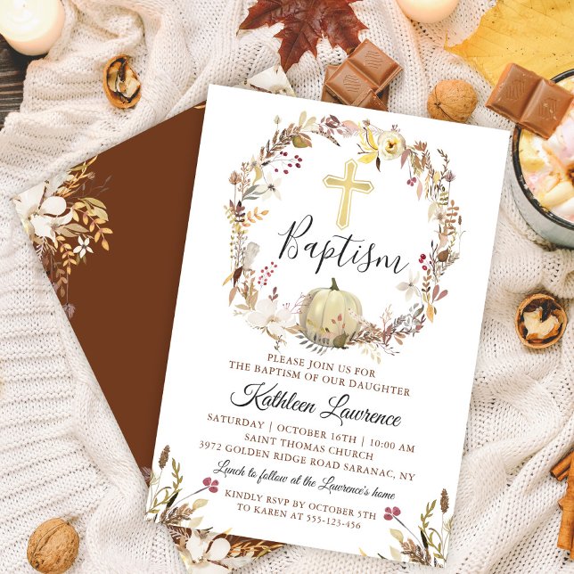 Elegant Autumn Floral Wreath Pumpkin Fall Baptism Invitation (Creator Uploaded)