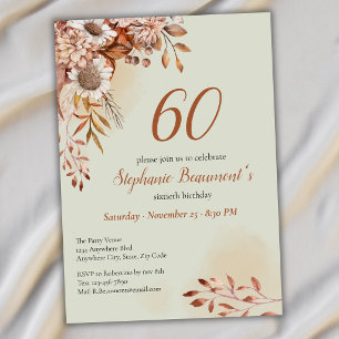 Elegant Autumn Flowers Green 60th Birthday Invitation