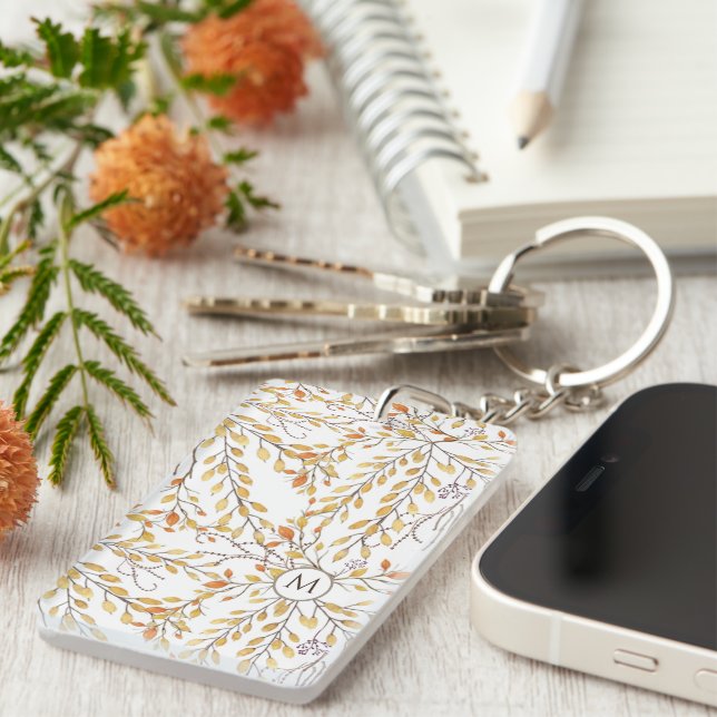 Elegant Autumn Foliage Pattern Personalised Key Ring (Front Right)