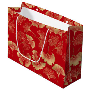 Elegant Autumn Ginkgo Leaves Gold Pattern Large Gift Bag