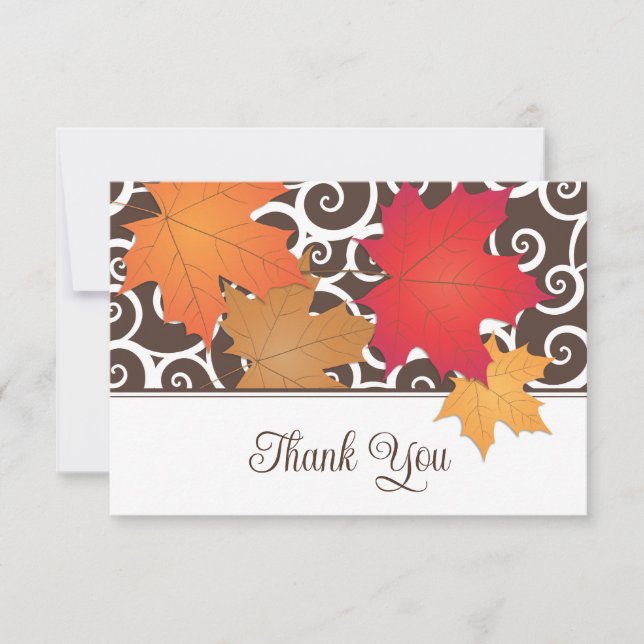 Elegant Autumn Leaves and Swirls Fall Wedding Thank You Card (Front)