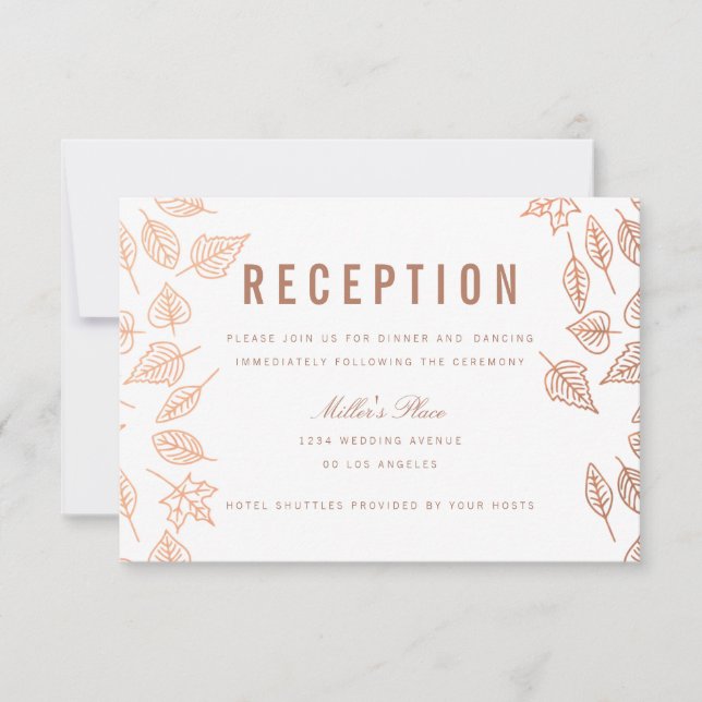 Elegant Autumn Leaves Copper Reception Card (Front)