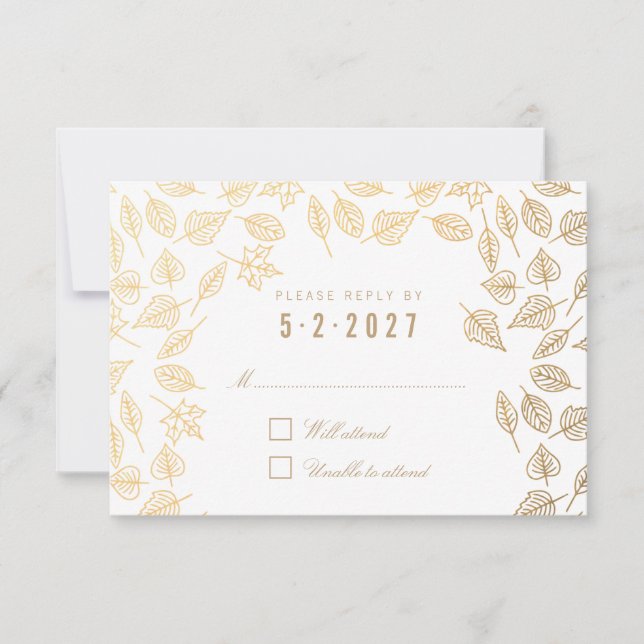 Elegant Autumn Leaves Gold Wedding RSVP Card (Front)