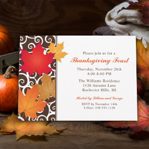 Elegant Autumn Leaves Swirls Thanksgiving Feast Invitation