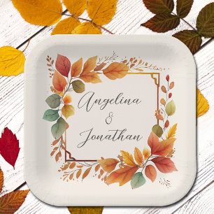 Elegant Autumn Leaves Watercolor Cream Wedding Paper Plate
