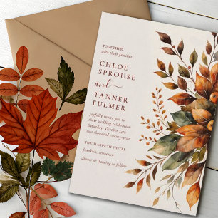 Elegant Autumn Leaves Watercolor Floral Wedding Invitation