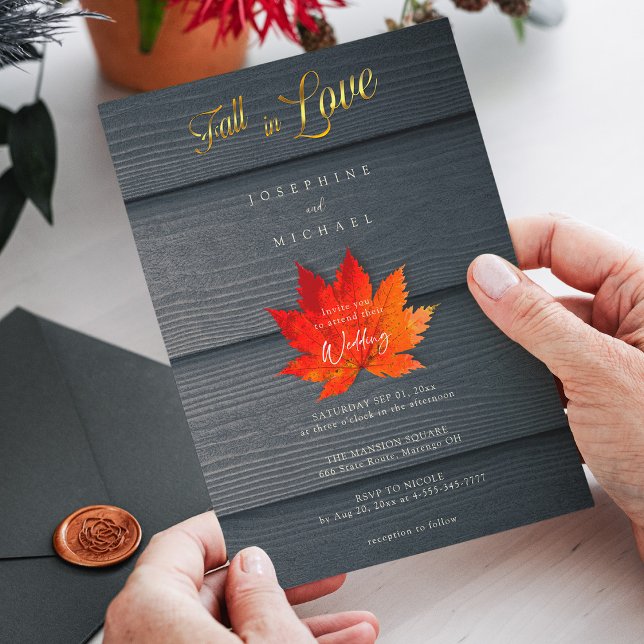 Elegant Autumn Love | Gold Script Fall Wedding Invitation (Autumn Love _ Gold Script Fall Wedding Invitation)