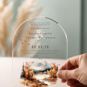 Elegant autumn montain landscape wedding acrylic invitations