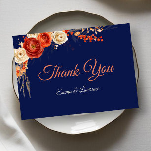 Elegant autumn orange navy florals wedding  thank you card