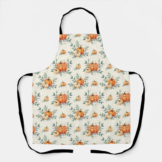 Elegant Autumn Pumpkin and Eucalyptus Watercolor Apron (Front)