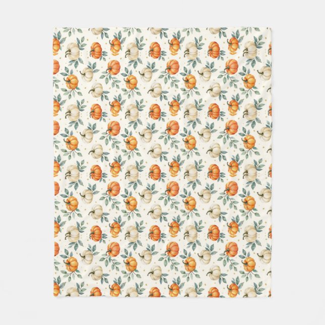 Elegant Autumn Pumpkin and Eucalyptus Watercolor  Fleece Blanket (Front)