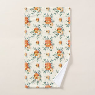 Elegant Autumn Pumpkin and Eucalyptus Watercolor Hand Towel