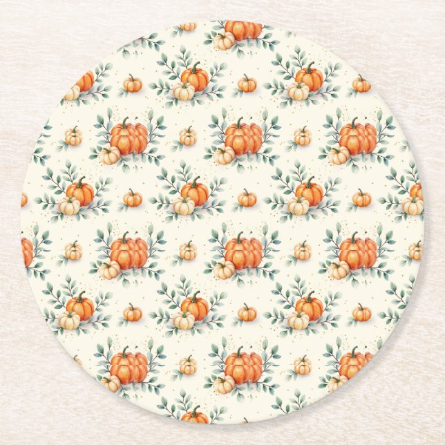 Elegant Autumn Pumpkin and Eucalyptus Watercolor Round Paper Coaster (Front)