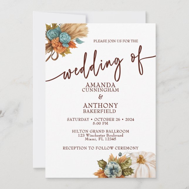 Elegant Autumn Pumpkin Fall Wedding Invitation (Front)