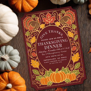 Elegant Autumn Pumpkin Turkey Thanksgiving Dinner Invitation
