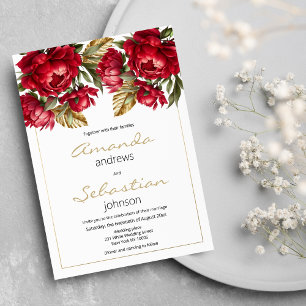 Elegant Autumn red gold peonies floral wedding  Invitation