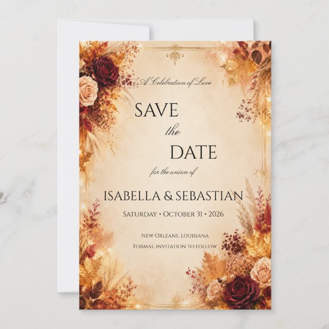 Elegant Autumn| Rustic Boho Fall Wedding Save The Date (Front)