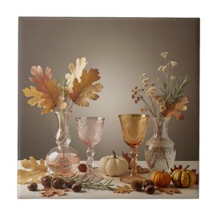 Elegant Autumn Still Life Glass Vase Arrangement Tile