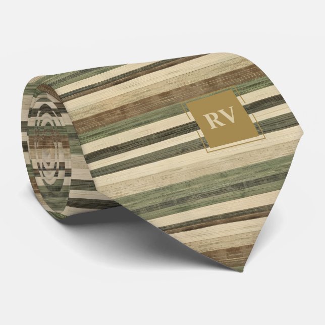 Elegant Autumn Stripe Brown Modern Monogram Tie (Rolled)