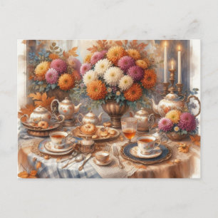 Elegant Autumn Tea Party Watercolor  Postcard