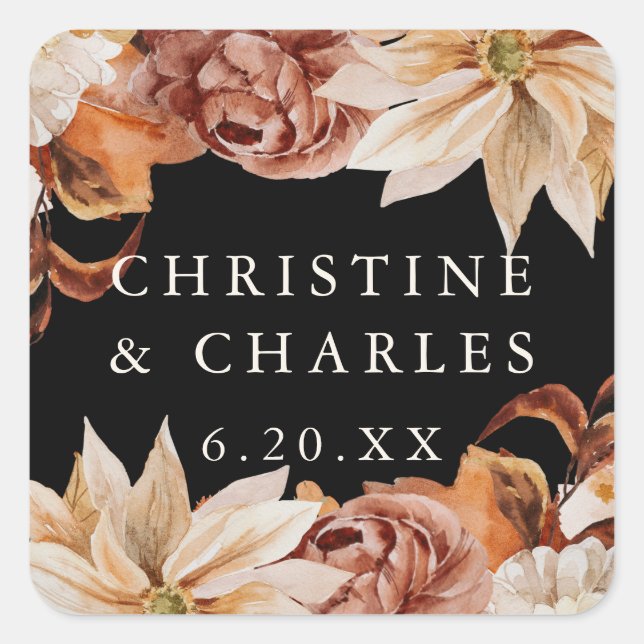 Elegant Autumn Watercolor Black Wedding Square Sticker (Front)