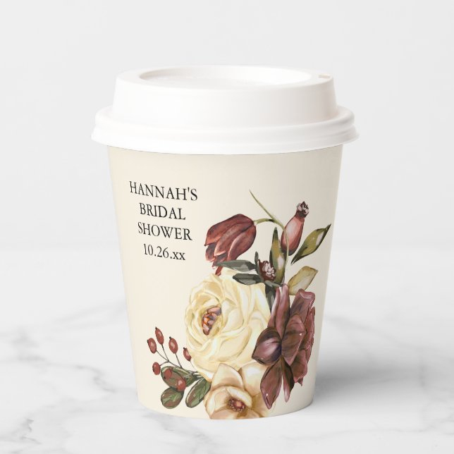 Elegant Autumn Watercolor Floral Bridal Shower Paper Cups (Front)