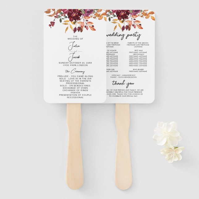 Elegant Autumn Watercolor Floral Wedding Hand Fan (Front and Back)