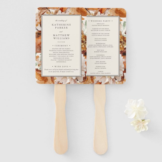Elegant Autumn Watercolor Floral Wedding Program Hand Fan (Front and Back)