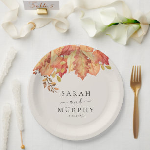 Elegant Autumn Watercolor Leaves Fall Wedding  Paper Plate