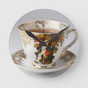 Elegant Autumn Waterfall Teacup Gold Trim Round Clock