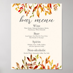 Elegant Autumn Wedding Custom Fall Leaves Bar Menu Poster
