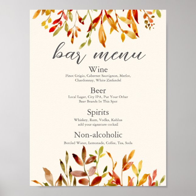 Elegant Autumn Wedding Custom Fall Leaves Bar Menu Poster (Front)