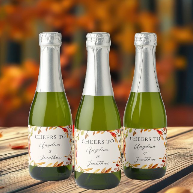 Elegant Autumn Wedding Leaves Personalised Mini Sparkling Wine Label (Creator Uploaded)