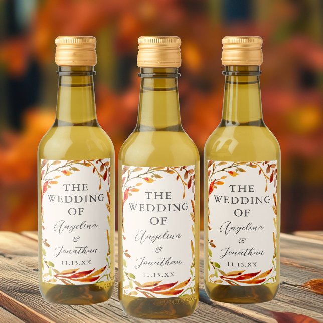 Elegant Autumn Wedding Leaves Personalised Mini Wine Label (Creator Uploaded)
