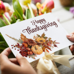 Elegant Autumn White Happy Thanksgiving Holiday Card