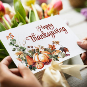 Elegant Autumn White Happy Thanksgiving Holiday Card