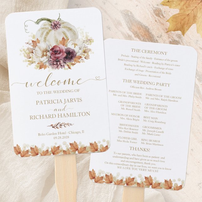 Elegant Autumn White Pumpkin Wedding Program Hand Fan (Creator Uploaded)