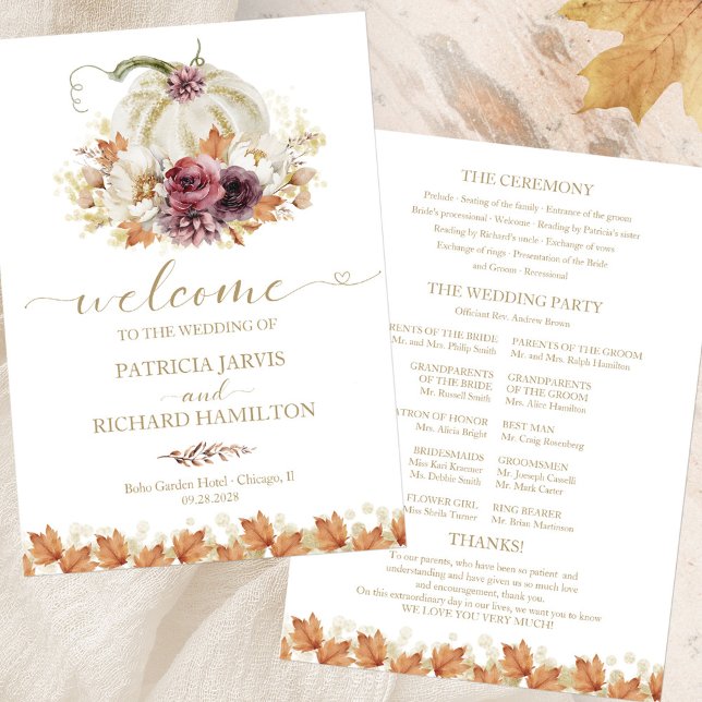 Elegant Autumn White Pumpkin Wedding Program Invitation (Creator Uploaded)