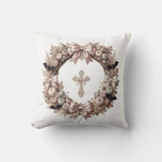 Elegant Autumn Wreath & Cross Throw Pillow
