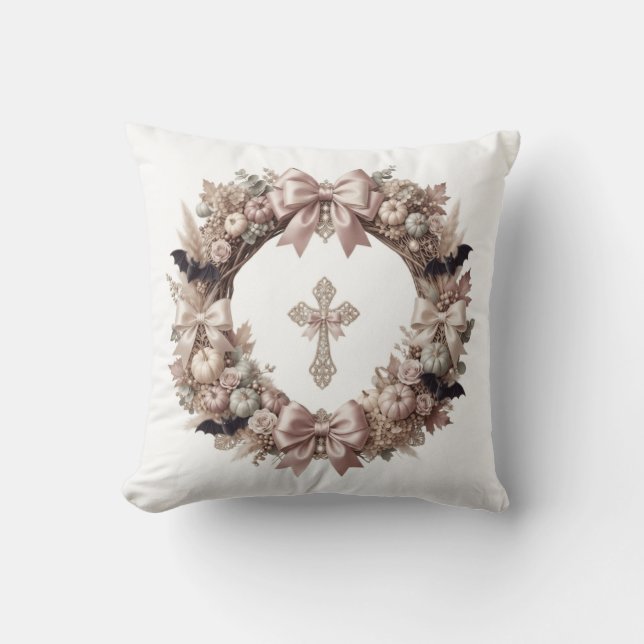 Elegant Autumn Wreath & Cross Throw Pillow (Front)