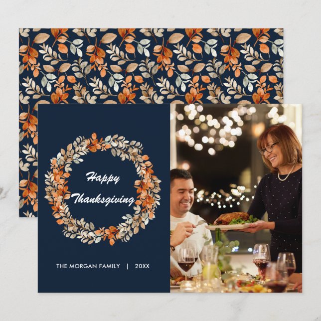 Elegant Autumn Wreath Leaves Thanksgiving Photo  Holiday Card (Front/Back)